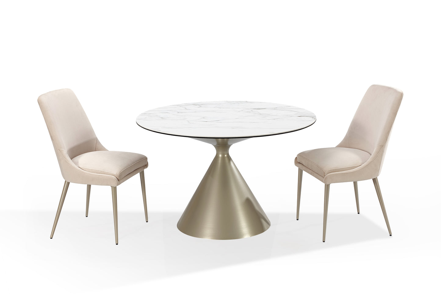 Winston Stone Top Metal Base Round Dining Table in Oat Milk and Champagne