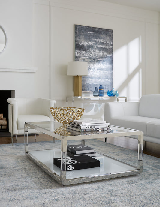 Jasper Rectangle Coffee Table in Acrylic, White Glass and Polished Stainless Steel