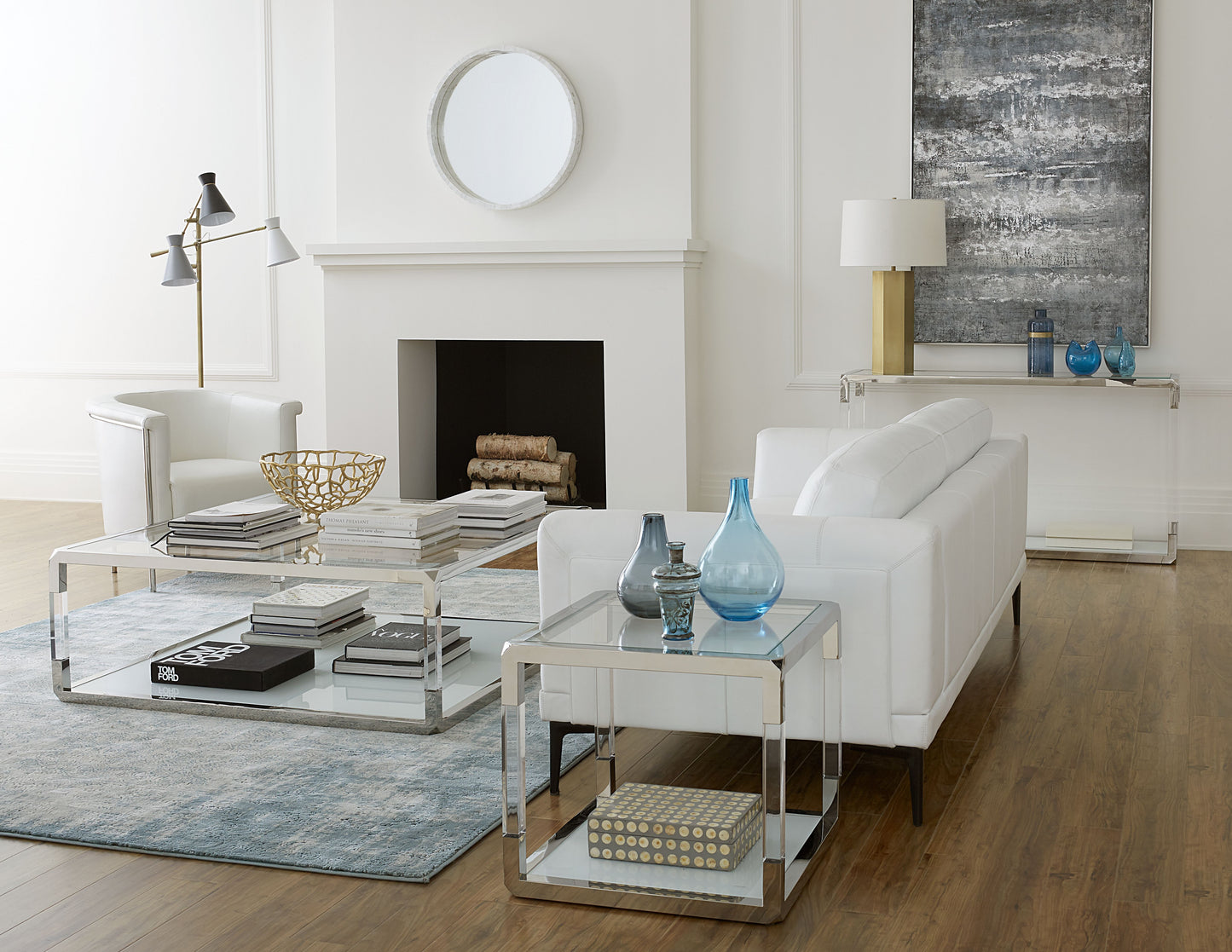 Jasper End Table in Acrylic, White Glass and Polished Stainless Steel