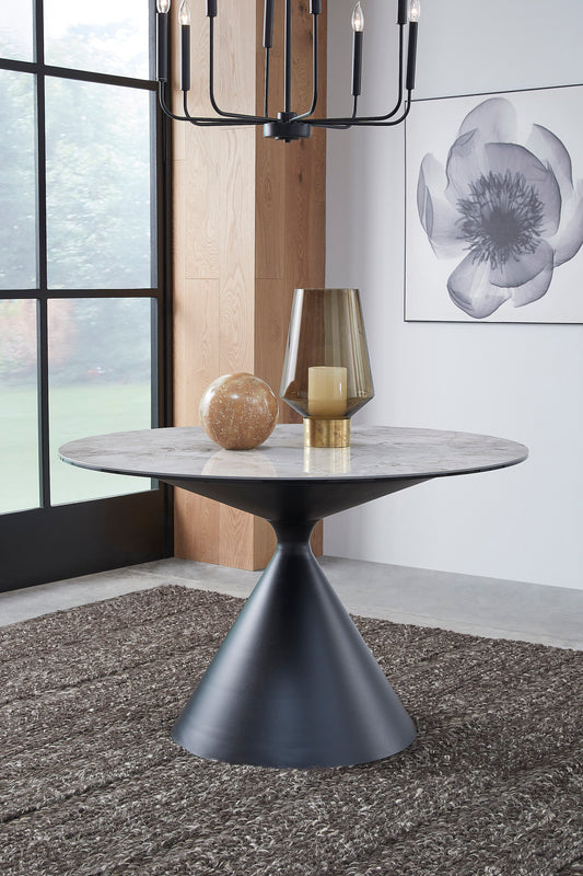 Runder Esstisch Winston mit Steinplatte und Metallgestell in Grigio