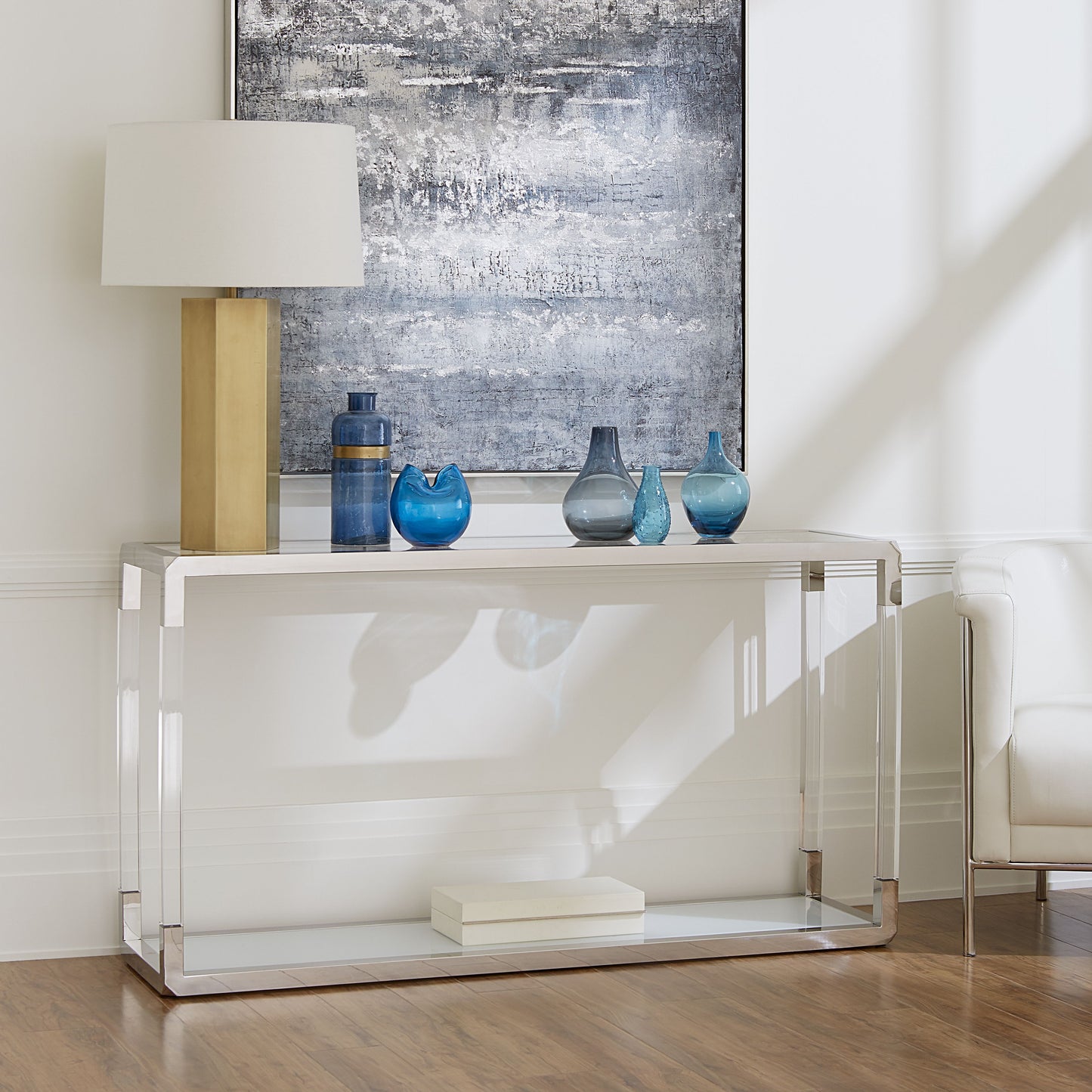Jasper Console Table in Acrylic, White Glass and Polished Stainless Steel