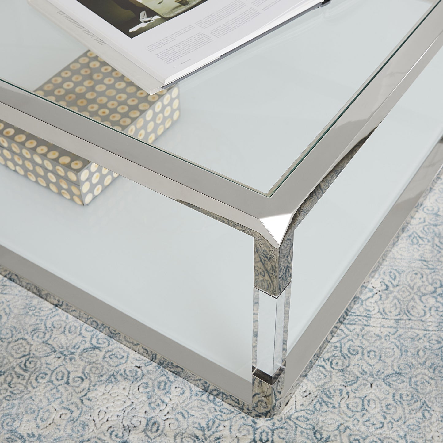 Jasper Console Table in Acrylic, White Glass and Polished Stainless Steel