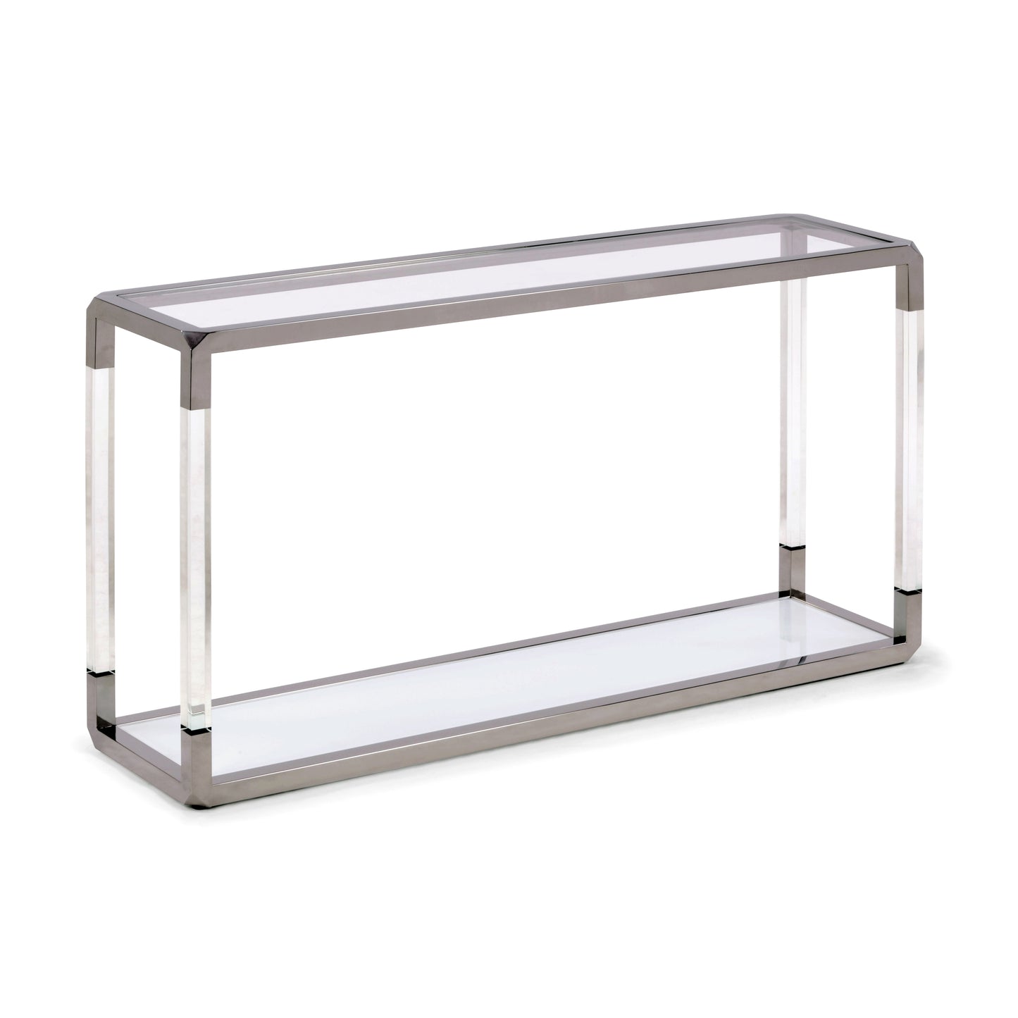 Jasper Console Table in Acrylic, White Glass and Polished Stainless Steel